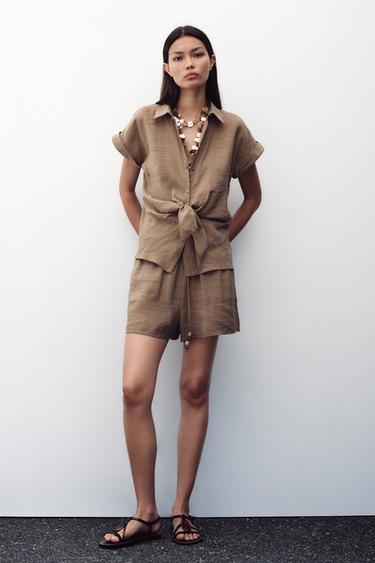 Zara SHORT SLEEVE KNOT SHIRT - Brown / Taupe