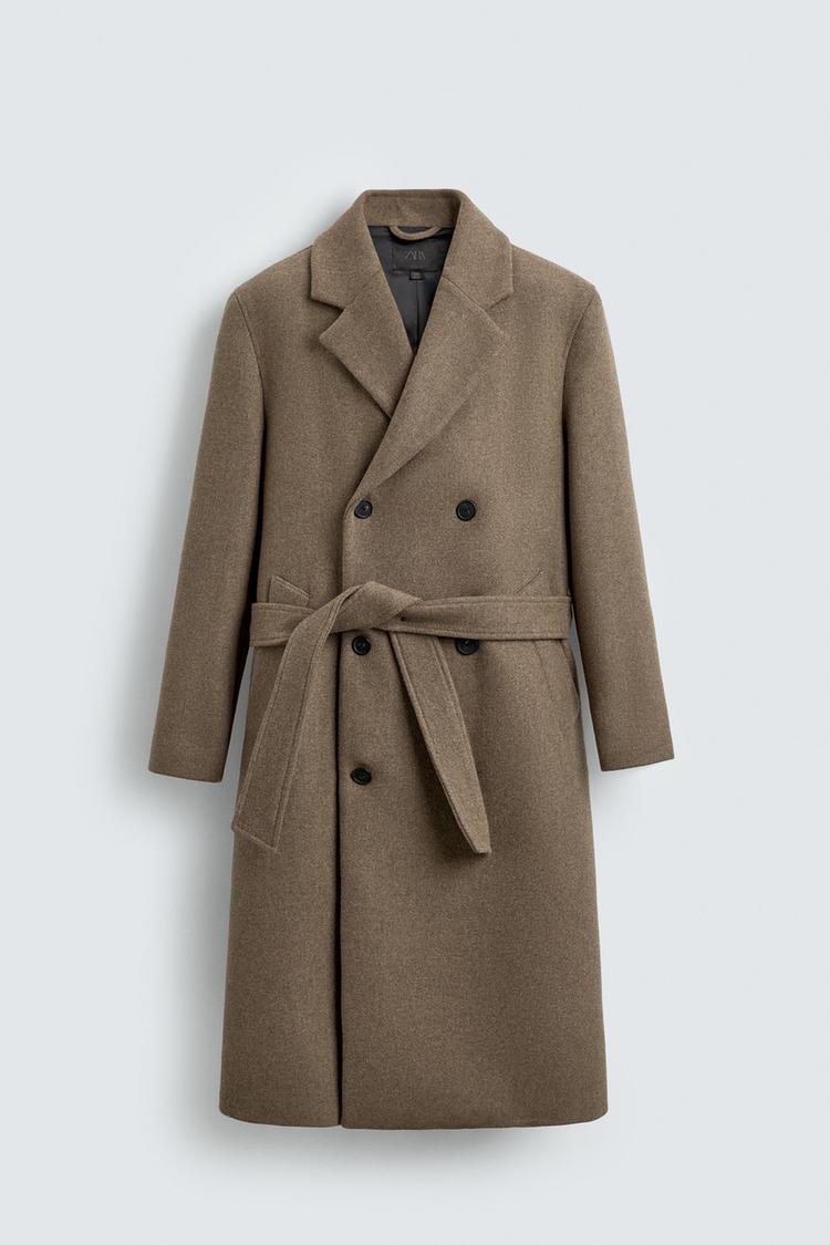 ZARA DOUBLE-BREASTED WOOL BLEND COAT WITH BELT