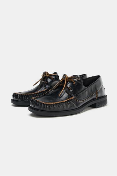FLAT LEATHER DECK SHOES - Black by Zara