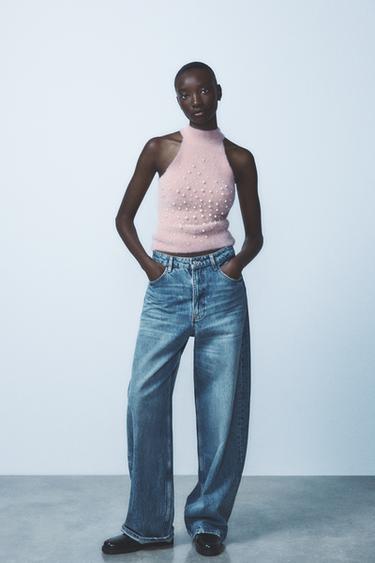 TEKOHELMILLÄ KORISTELTU PÖRRÖINEN HALTERNECK-TOPPI - Pastel pink Zaralta