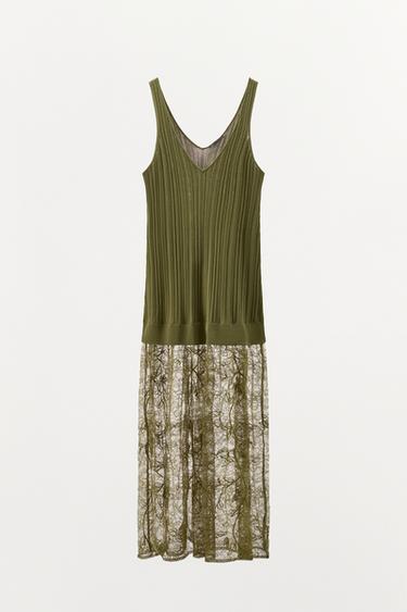 Zara LACE KNIT MIDI DRESS - Green