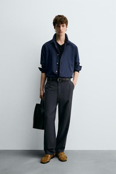 Zara FLOWY STRAIGHT FIT PANTS - Dark navy