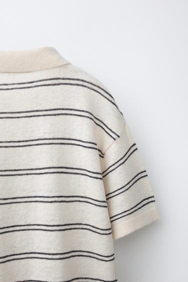 LINEN COTTON KNIT POLO SHIRT - Ecru / Brown by Zara - Image 3
