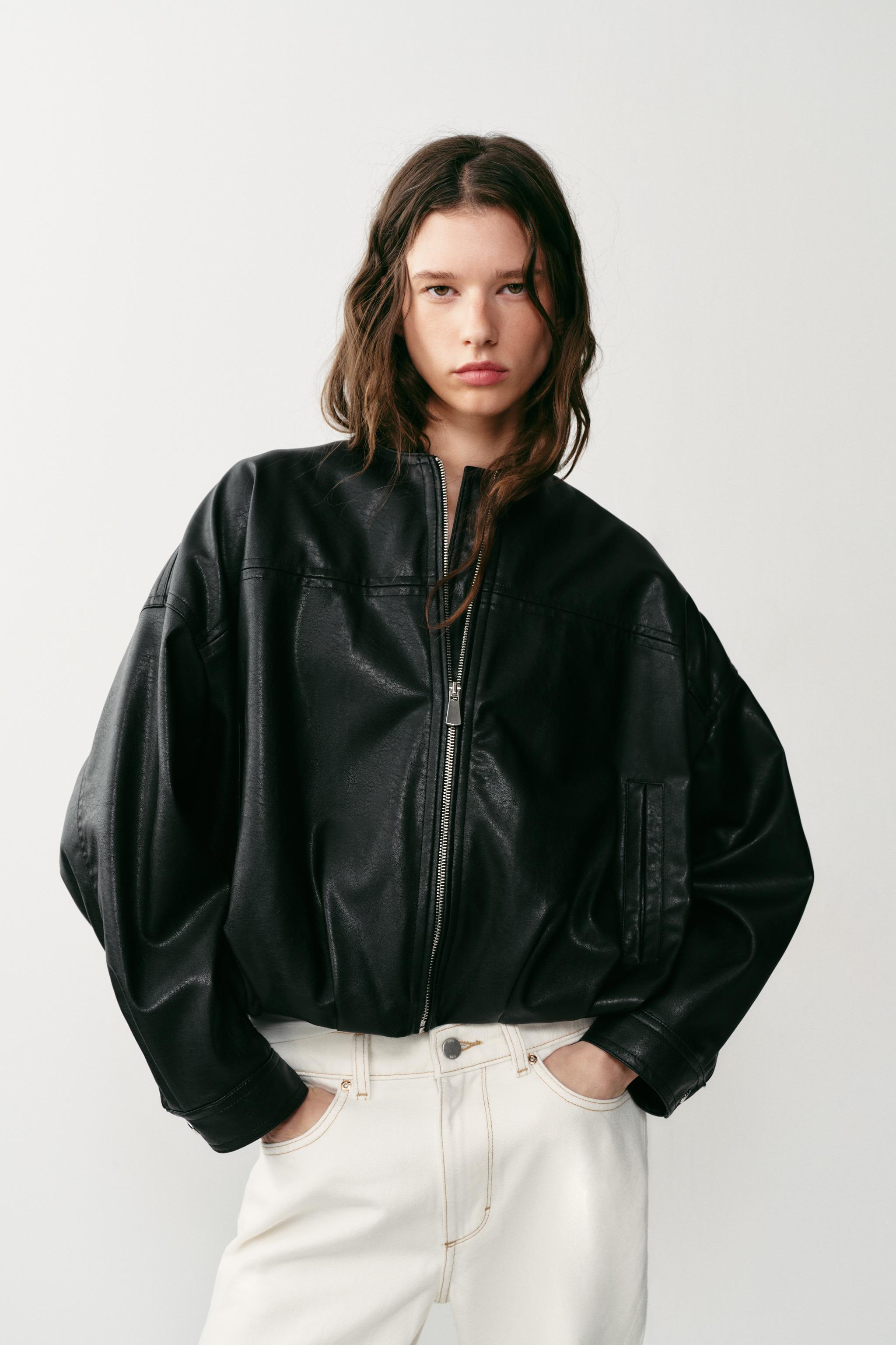 LEATHER EFFECT PUFFBALL BOMBER JACKET — Black (alternate view)