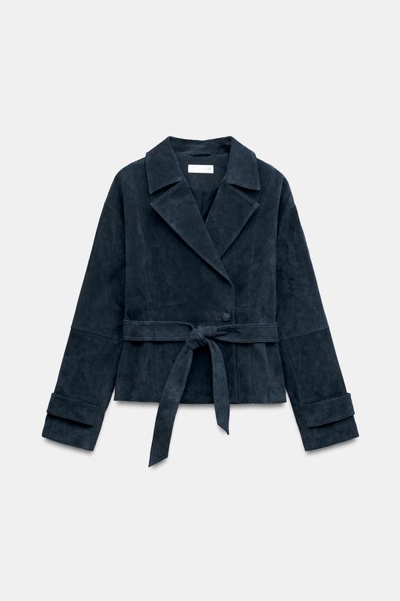 LEATHER BELTED JACKET - Blue by Zara - Image 0
