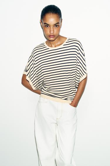 WIDE SHORT SLEEVE KNIT TOP - striped by Zara