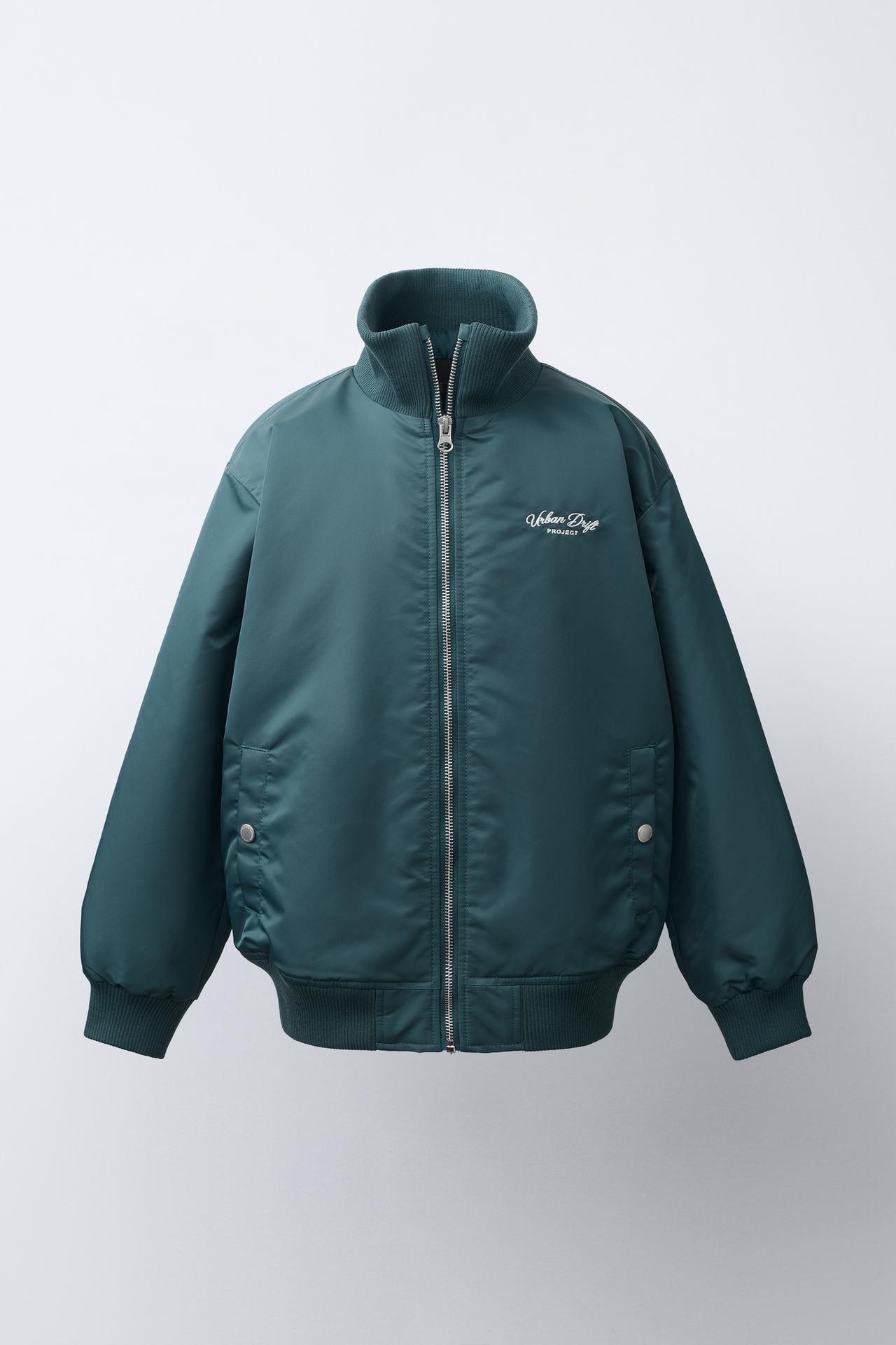 TEXT EMBROIDERY BOMBER JACKET — Petrol blue