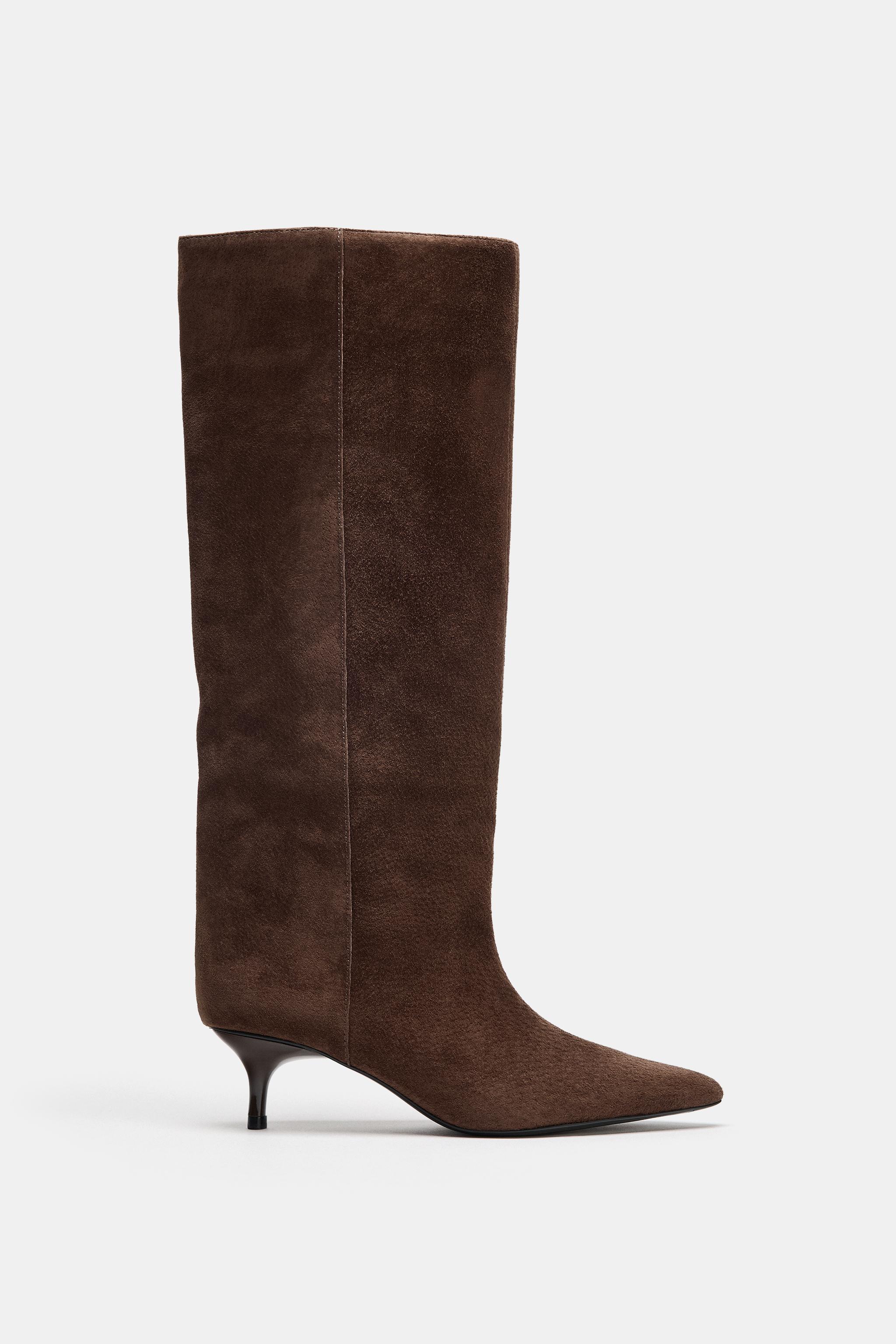 Женские ботинки Zara LEATHER KITTEN HEEL BOOTS — фото 4