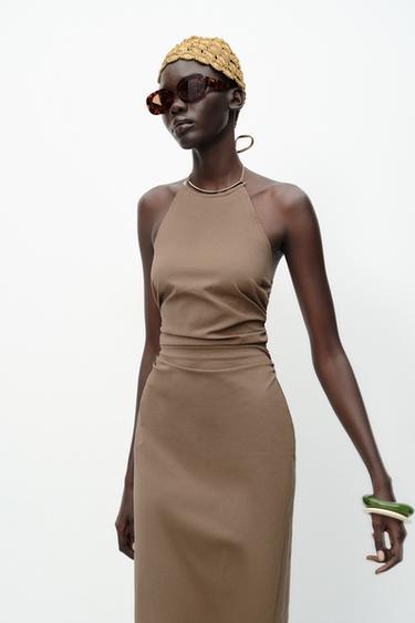 ROBE MIDI HALTER ORNEMENT - Marron de Zara - Image 2