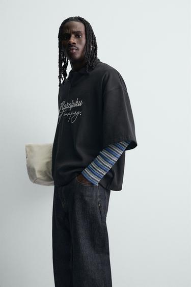 EMBROIDERED TEXTURED POLO SHIRT - Black by Zara - Image 6