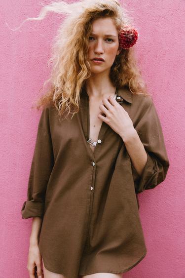 OVERSIZE COTTON SHIRT - Brown by Zara