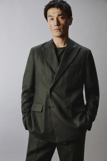 VESTE DE COSTUME À BOUTONNAGE CROISÉ 100% LIN - Kaki de Zara - Image 4