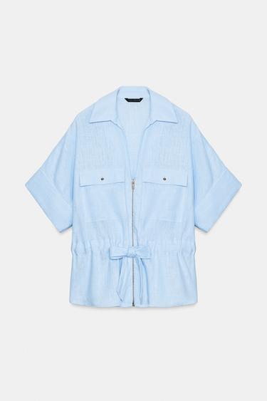 Zara LINEN BLEND SAFARI SHIRT - Light blue