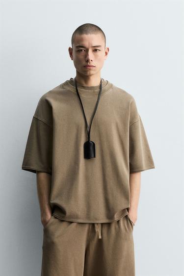 WASHED DOUBLE NECK T-SHIRT - Brown by Zara