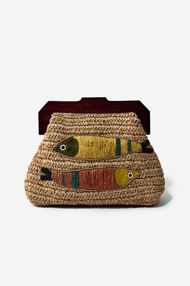 FISH EMBROIDERED RAFFIA BAG - camel by Zara