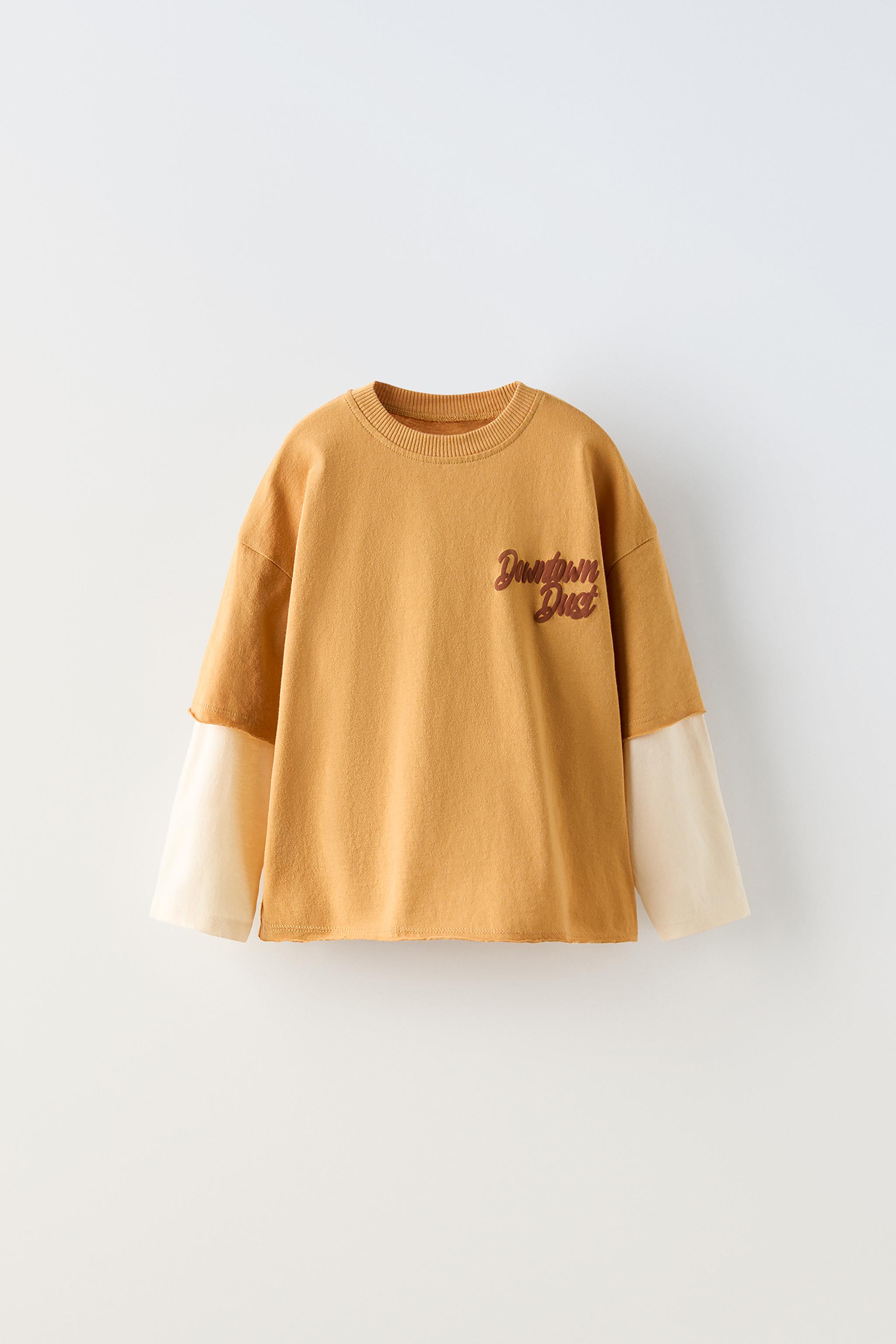 DOUBLE-SLEEVE SLOGAN T-SHIRT - Mustard | ZARA India