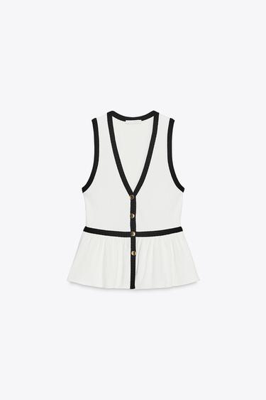 TOP CÔTELÉ BOUTONS - Blanc / Noir de Zara - Image 3