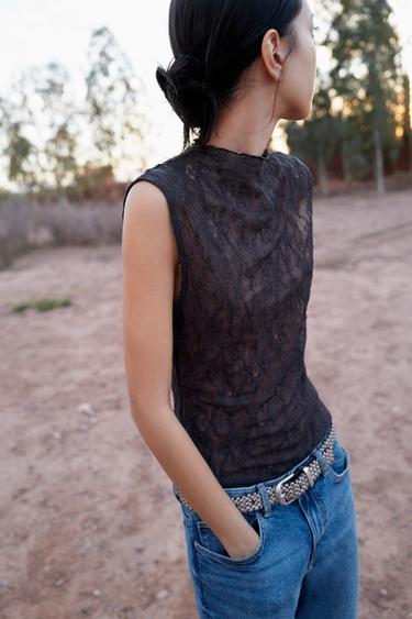 LACE TOP - Dark grey by Zara
