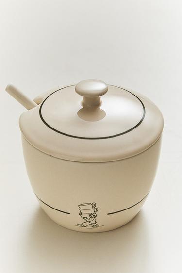 STONEWARE CAFÉ SUGAR BOWL - White / Green by Zara