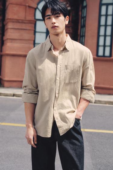 Zara 標準版亞麻棉質襯衫 - 淺米色