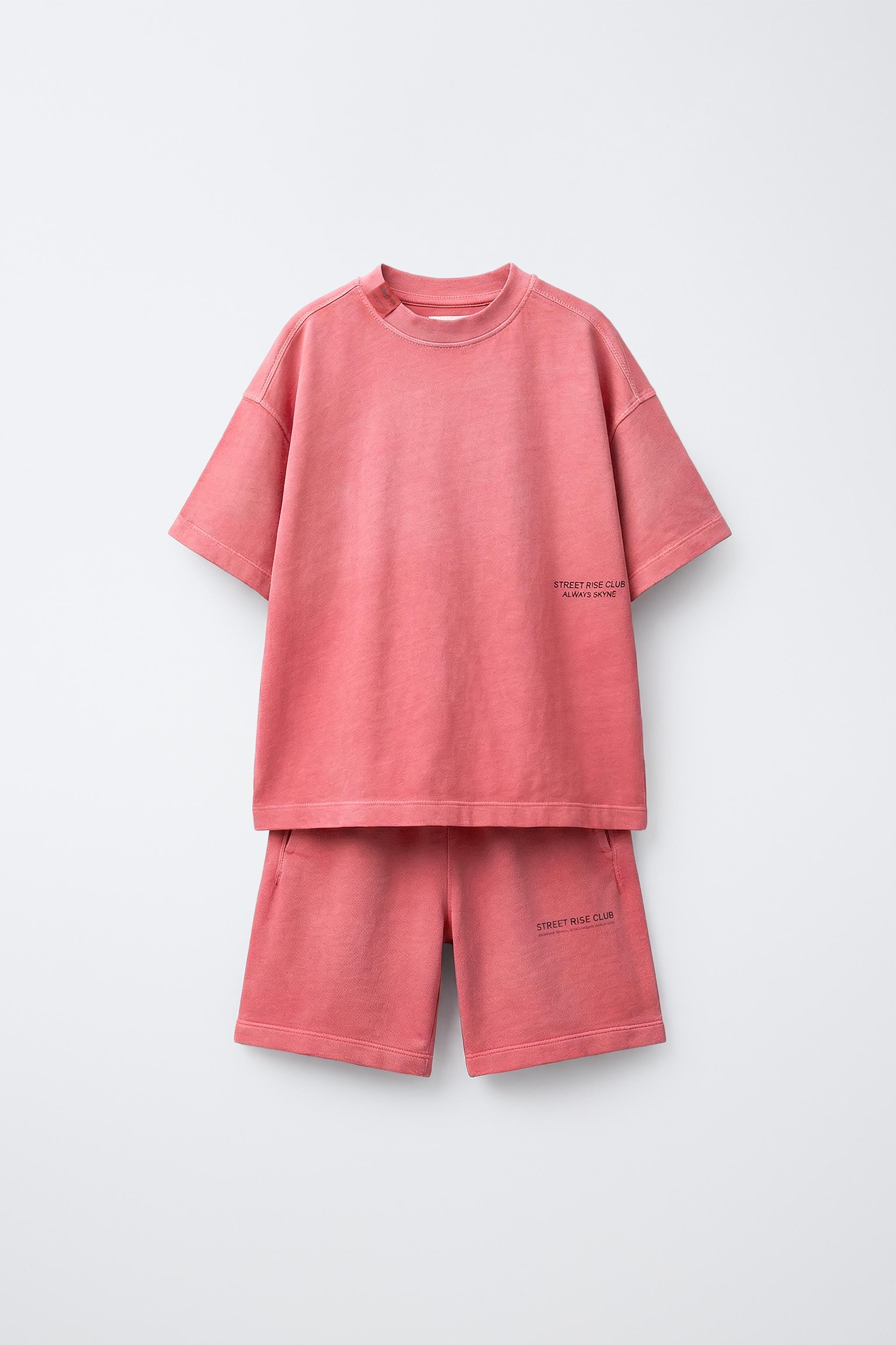 T-SHIRT AND BERMUDA SHORTS SET WITH TEXT - Red | ZARA United States