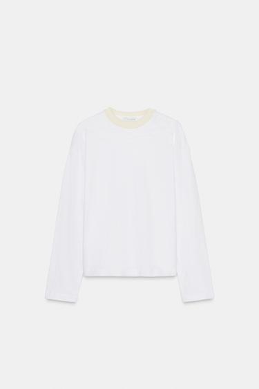 T-SHIRT MIT KONTRASTFARBENEM AUSSCHNITT - Weiß von Zara