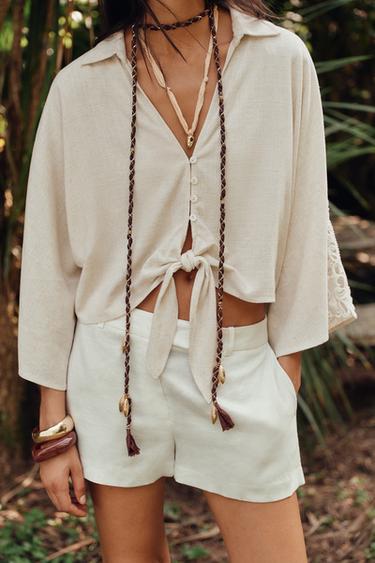 CROCHET TRIM KNOT SHIRT - Light beige by Zara - Image 2