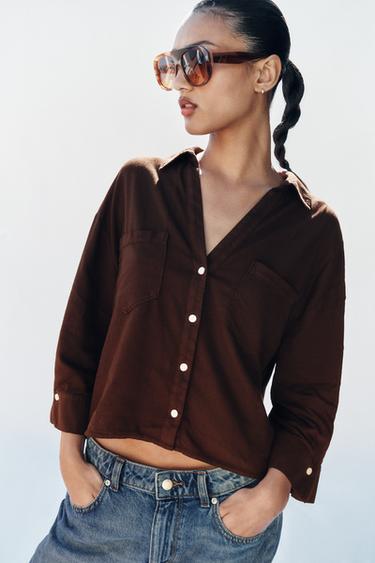 FLOWING LINEN BLEND SHIRT - Brown by Zara