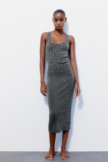 ПЛАТЬЕ В РУБЧИК С ЭФФЕКТОМ ПОТЕРТОСТИ И СТРАЗАМИ — ЧЕРНЫЙ от Zara — изображение 0