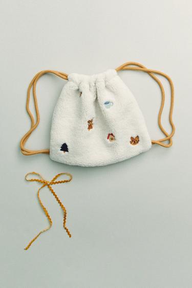 Zara EMBROIDERED FLEECE BAG - Off White