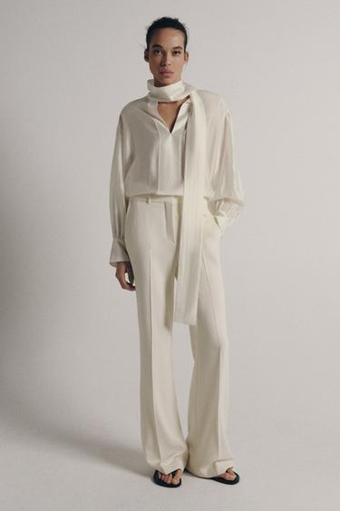 АТЛАСНАЯ РУБАШКА С ЗАВЯЗКАМИ — ZW COLLECTION — ЖЕЛТОВАТО-БЕЛЫЙ от Zara