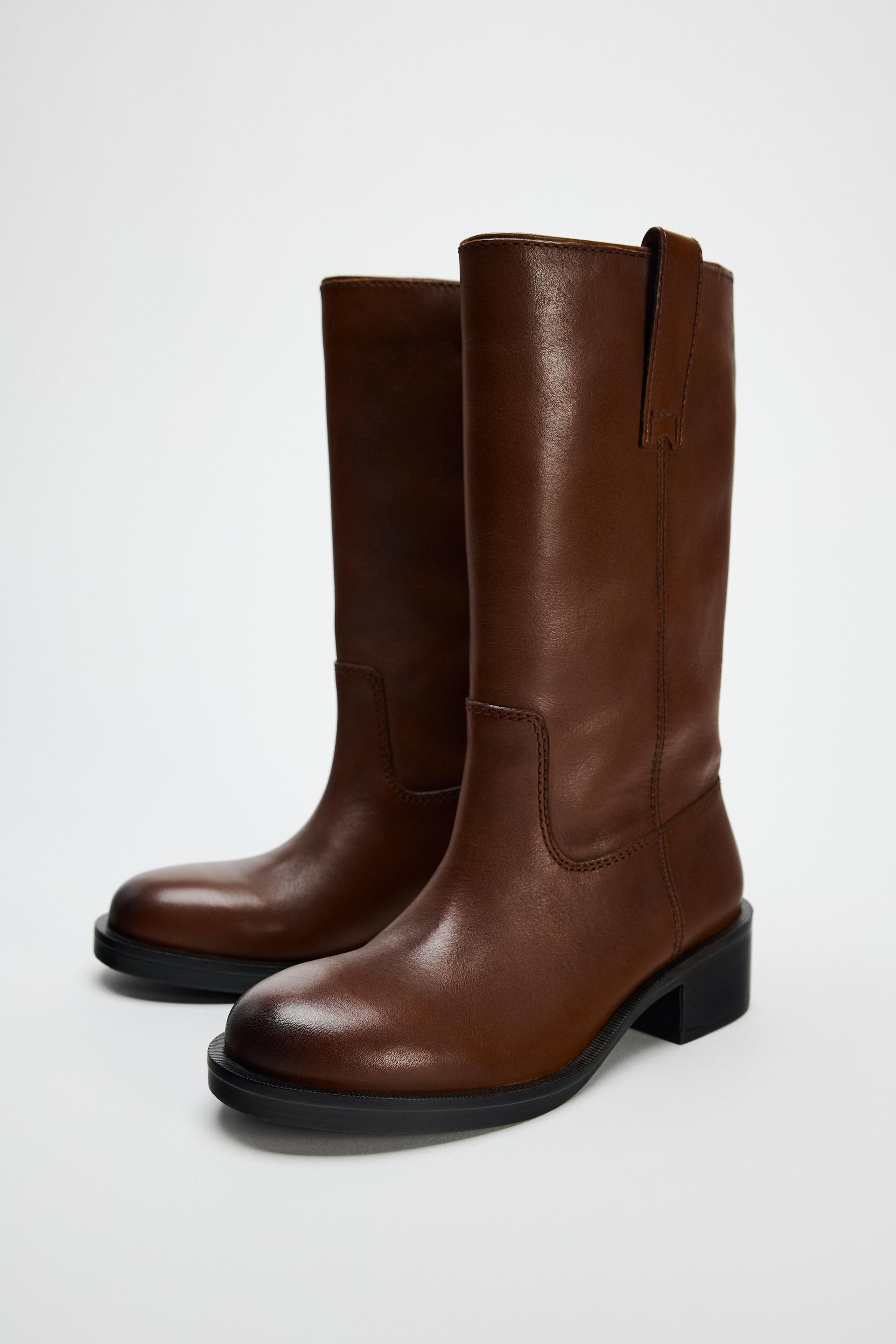 WIDE SHAFT LEATHER ANKLE BOOTS Brown ZARA Canada