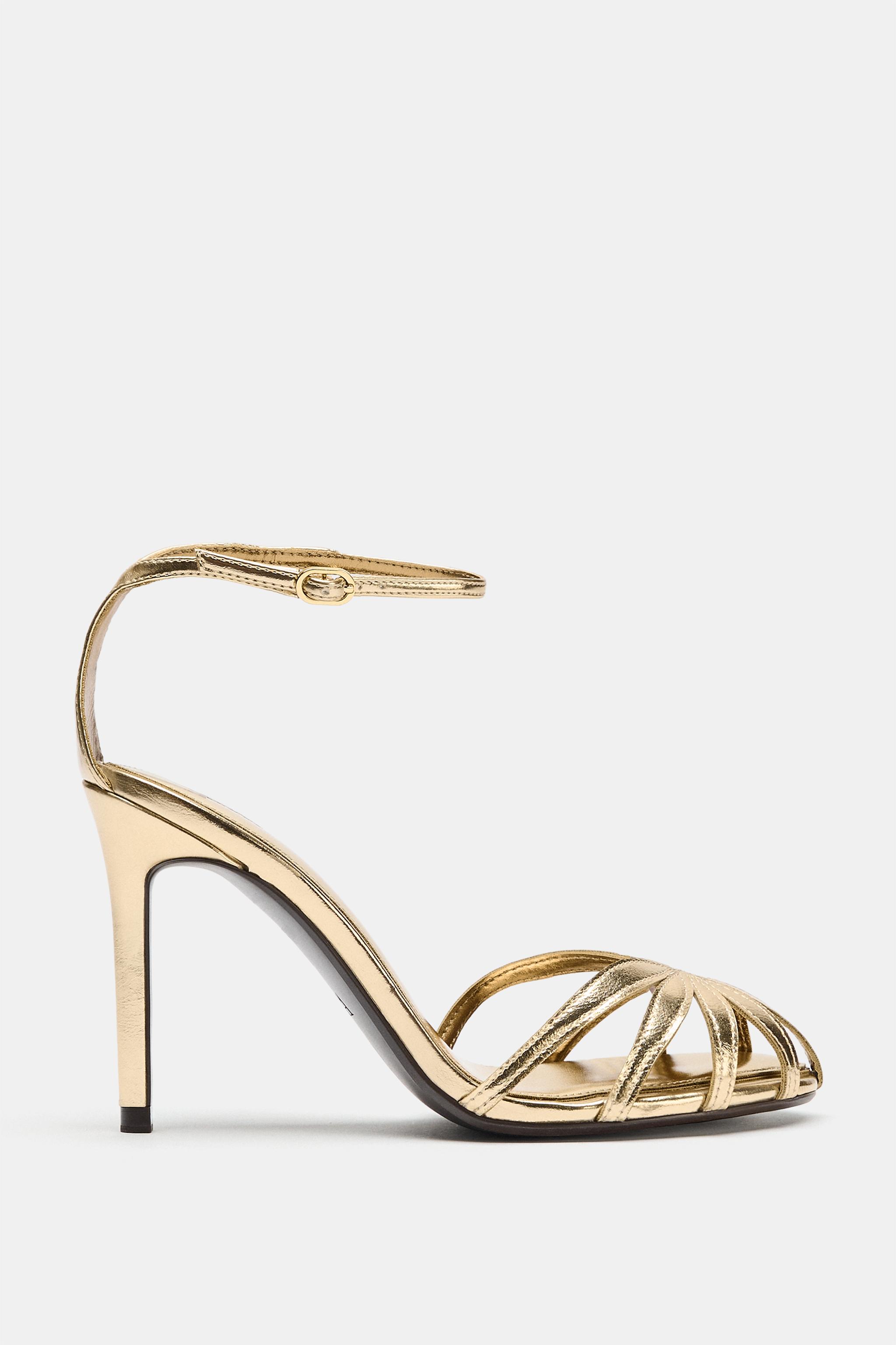 METALLIC CAGE HEELED SANDALS — Gold