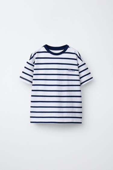 HEAVY WEIGHT STRIPED SLOGAN T-SHIRT - Navys / Ecrus by Zara