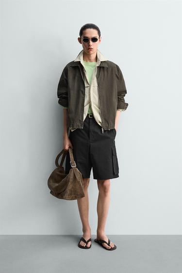CROPPED FIT OVERSHIRT WITH ZIP - Dark khaki by Zara - Image 0