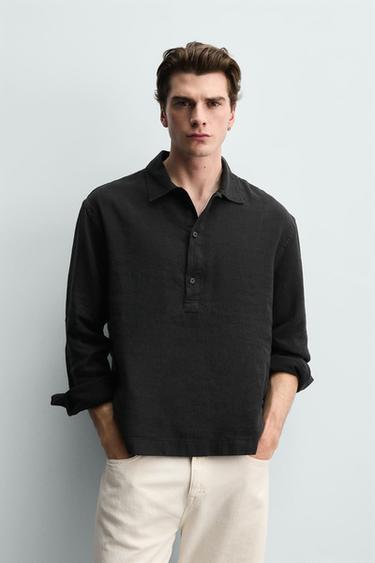 Zara COTTON - LINEN POLO SHIRT - Charcoal
