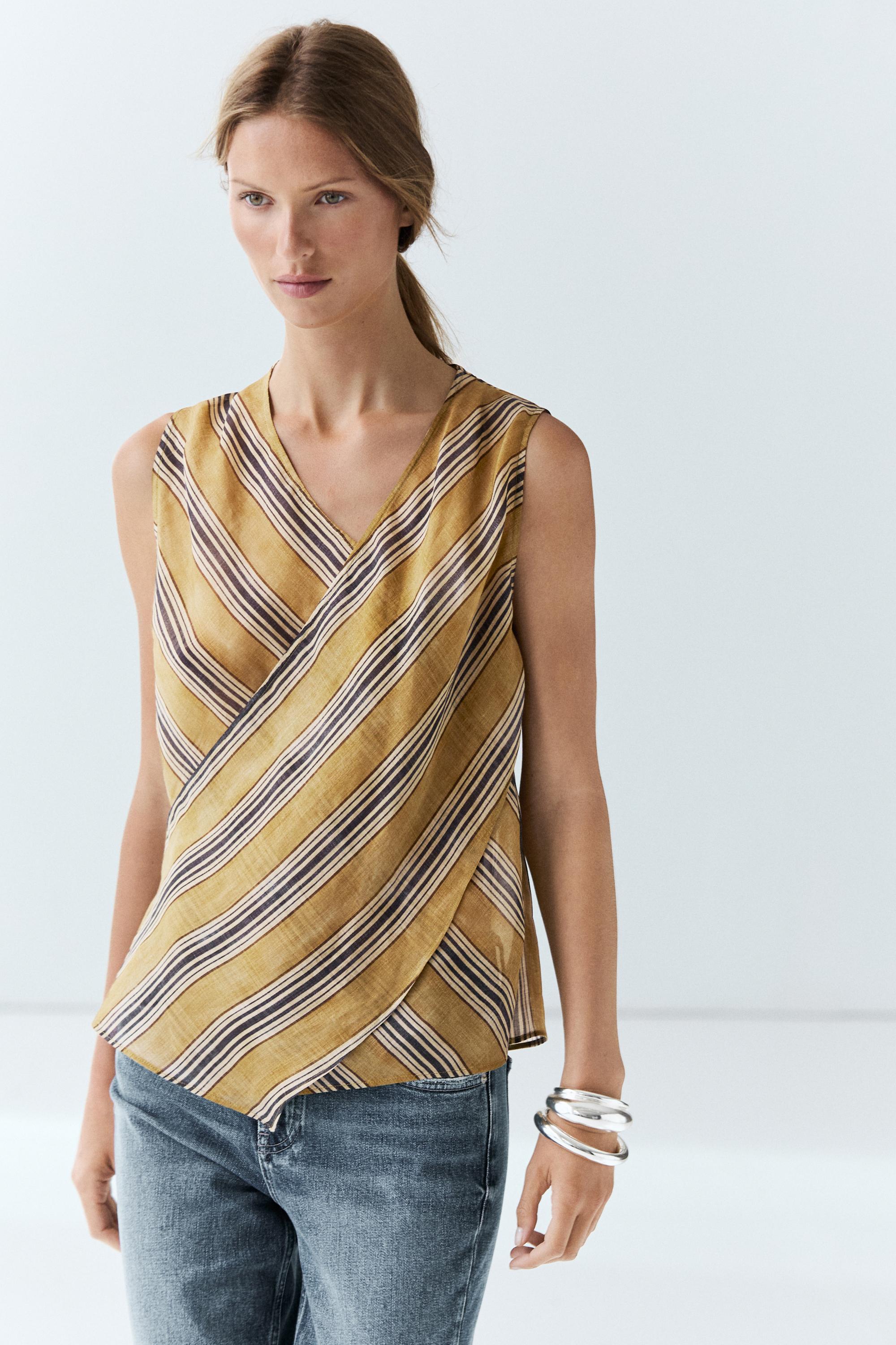 Flowing striped ramie blend wrap top — Dark yellow