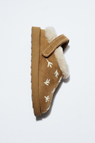 Zara EMBROIDERED FAUX FUR CLOGS - Brown