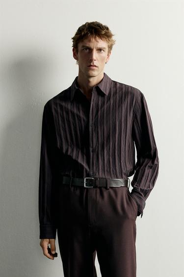 Zara RELAXED FIT STRIPED JACQUARD SHIRT - Brown