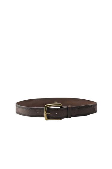100% LEATHER BELT WITH TOPSTITCHING AND SQUARE BUCKLE - Dark brown by Zara