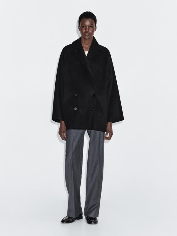 Wool blend mid-length coat with lapel collar