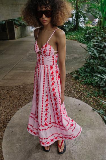 VESTIDO MIDI BORDADOS PERFORADOS - Rosa de Zara