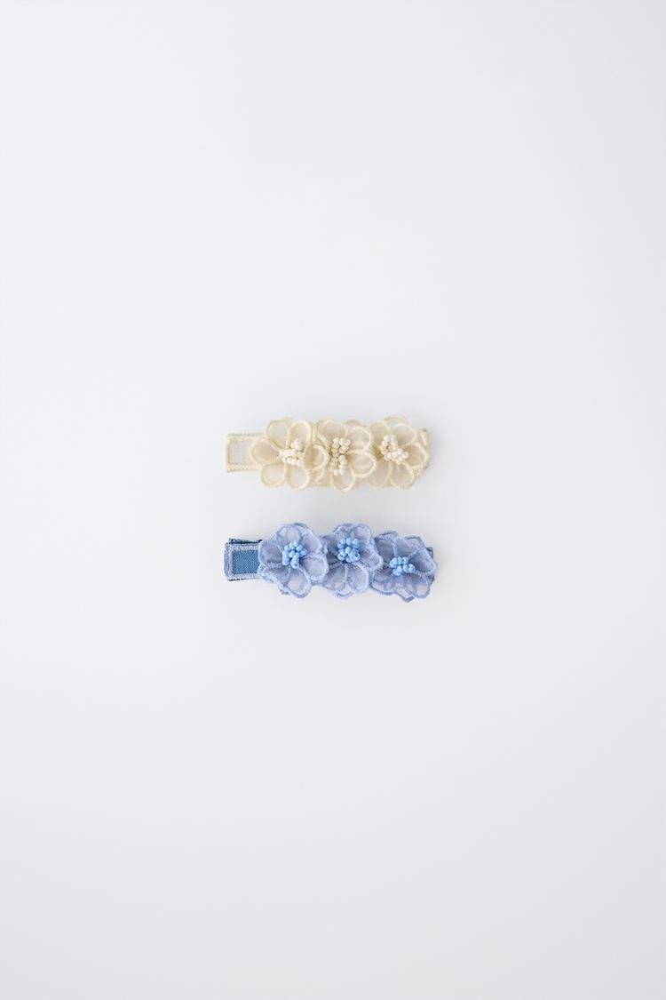 PACK OF TWO TULLE FLOWER BARRETTES — Ecru