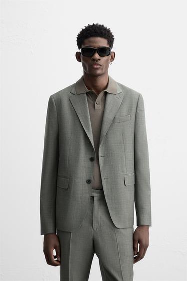 100% WOOL TEXTURED SUIT BLAZER - Grey / Tan by Zara