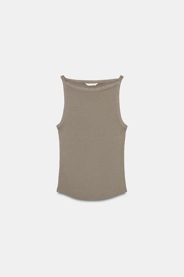Zara WASHED EFFECT RIB HALTER TOP - Dark gray