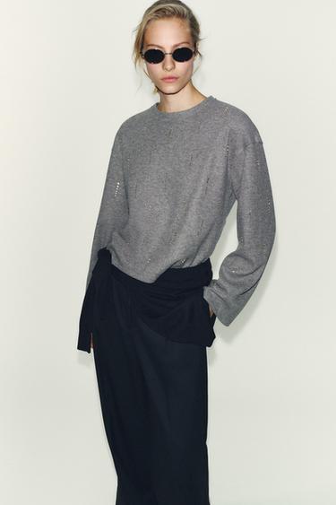 SWEAT CANNELÉ À BRILLANTS - Gris chiné de Zara - Image 1