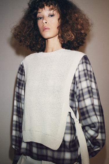 Zara PLAID VEST COMBINATION SHIRT - Ecru