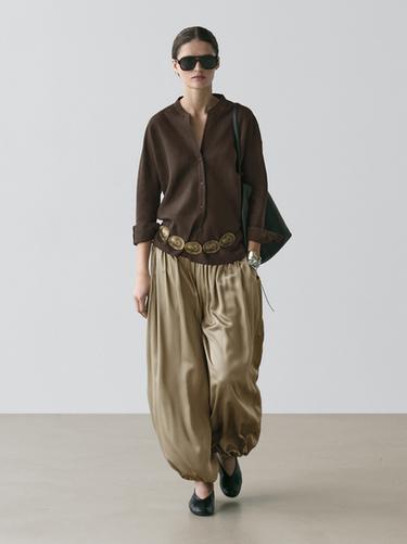 Zara 100% linen stand collar shirt - Brown - Image 0