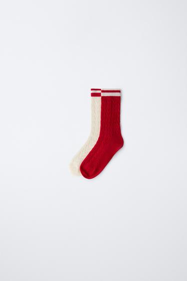 PACK OF TWO LONG CUTWORK STRIPED SOCKS - Ecru / Red by Zara