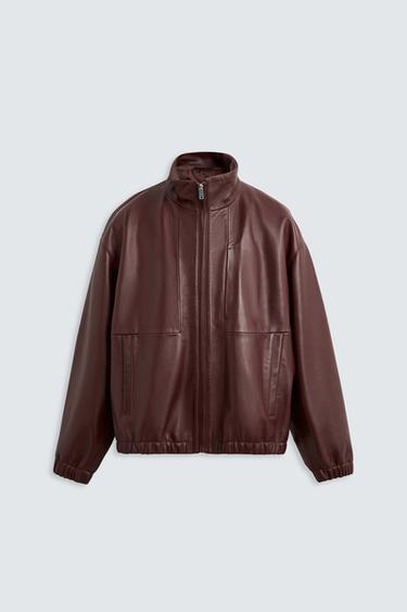 Zara RELAXED FIT LEATHER JACKET - Burgundy
